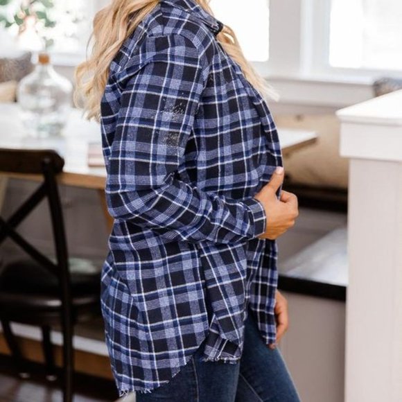 Pink Lily Blue Plaid Button Down Shirt - Picture 3 of 9